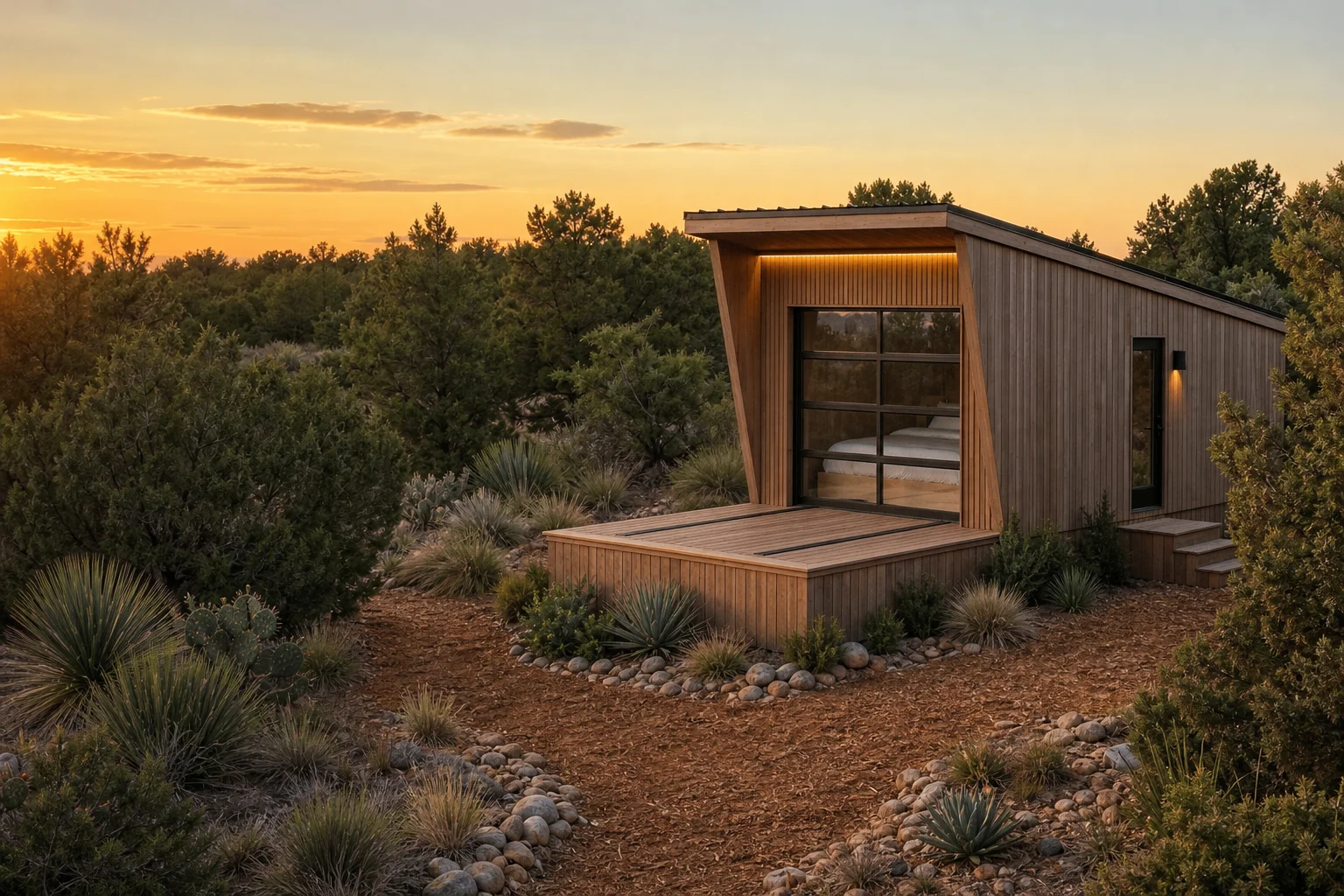 Holzverkleidetes Tiny House mit verglastem Tor und großer Terrasse zwischen Wüstenpflanzen vor einer Bergkulisse.