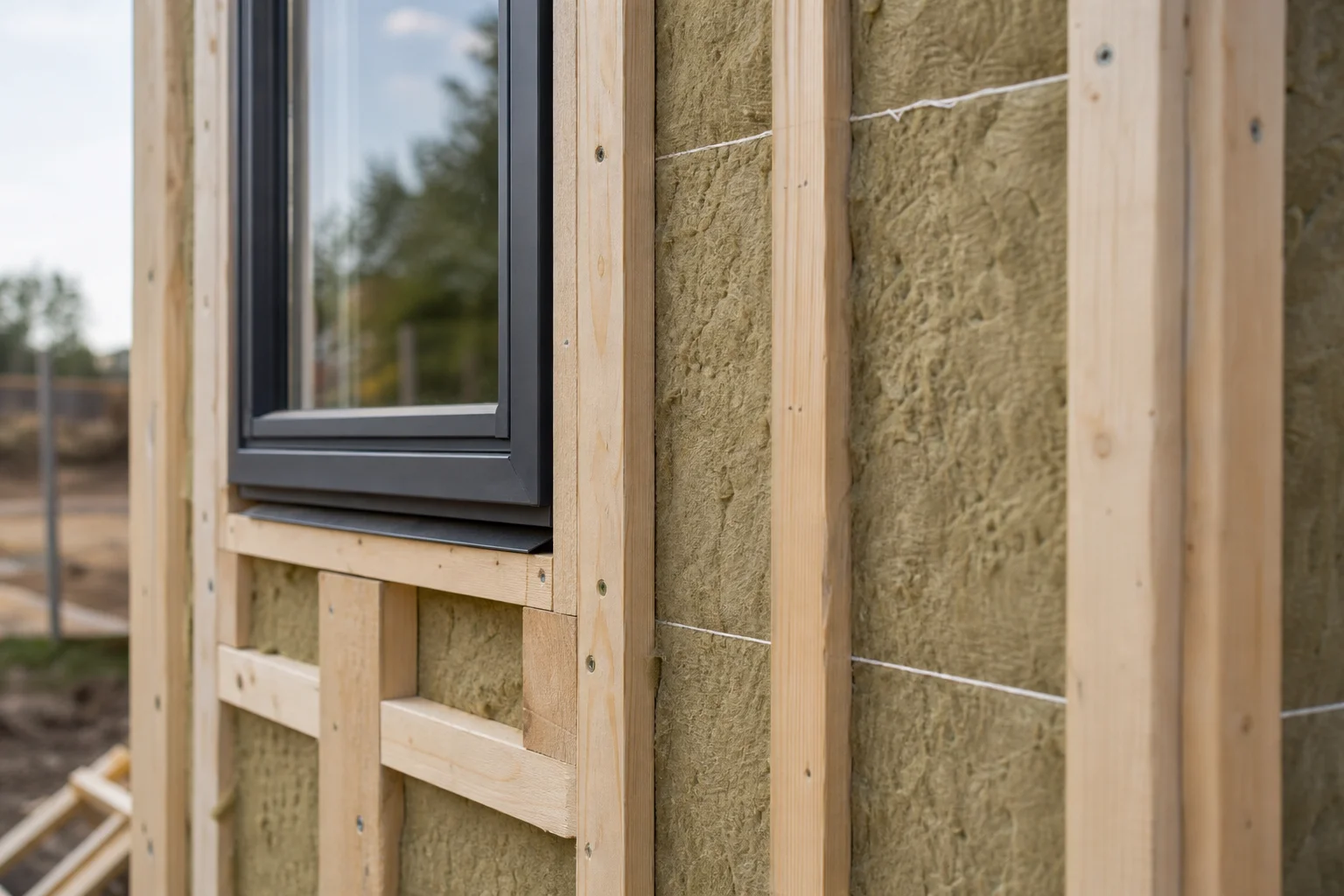Nahaufnahme von Dämmmaterial und einem Fensterrahmen an einer kleinen Holzkonstruktion