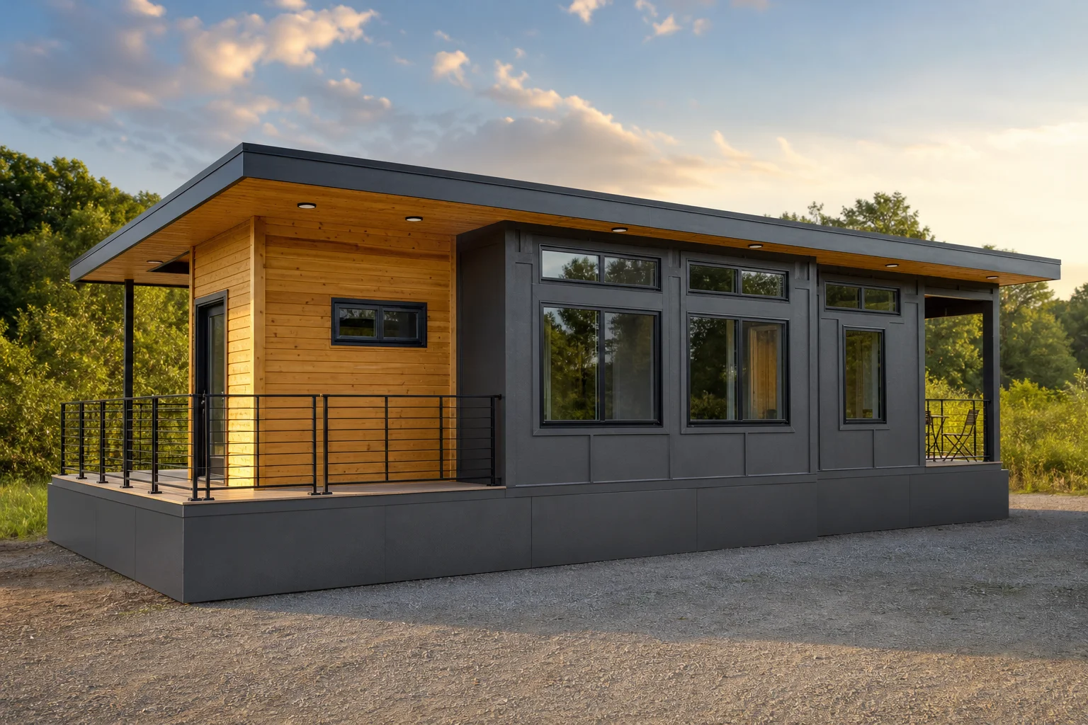 Langes Tiny House in Anthrazit und Naturholz mit großen Fenstern, flachem Dach und zwei überdachten Veranden.