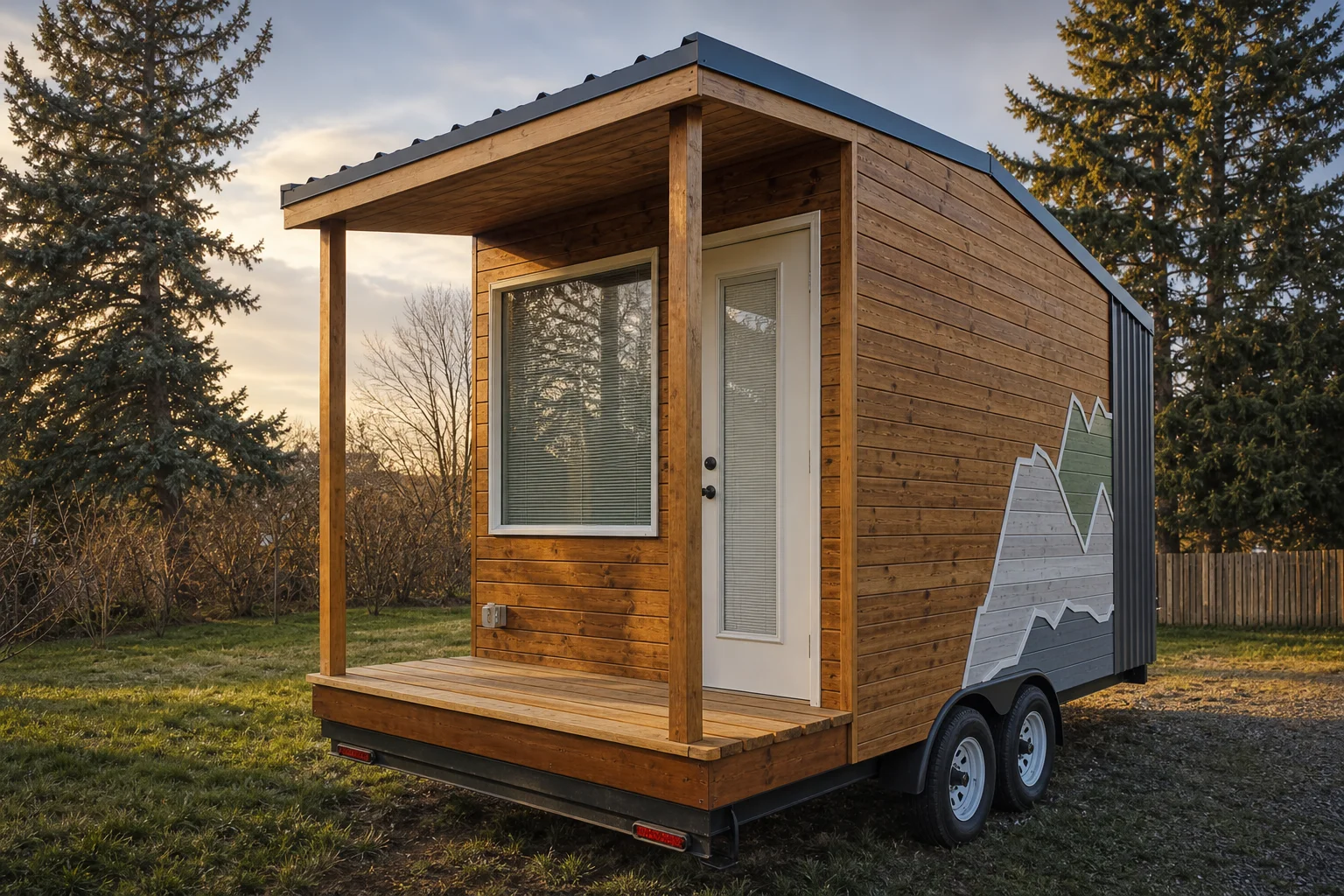 Hölzernes Tiny House Traveler auf einem Tandemanhänger mit überdachter Veranda und Bergmotiv an der Seitenwand.